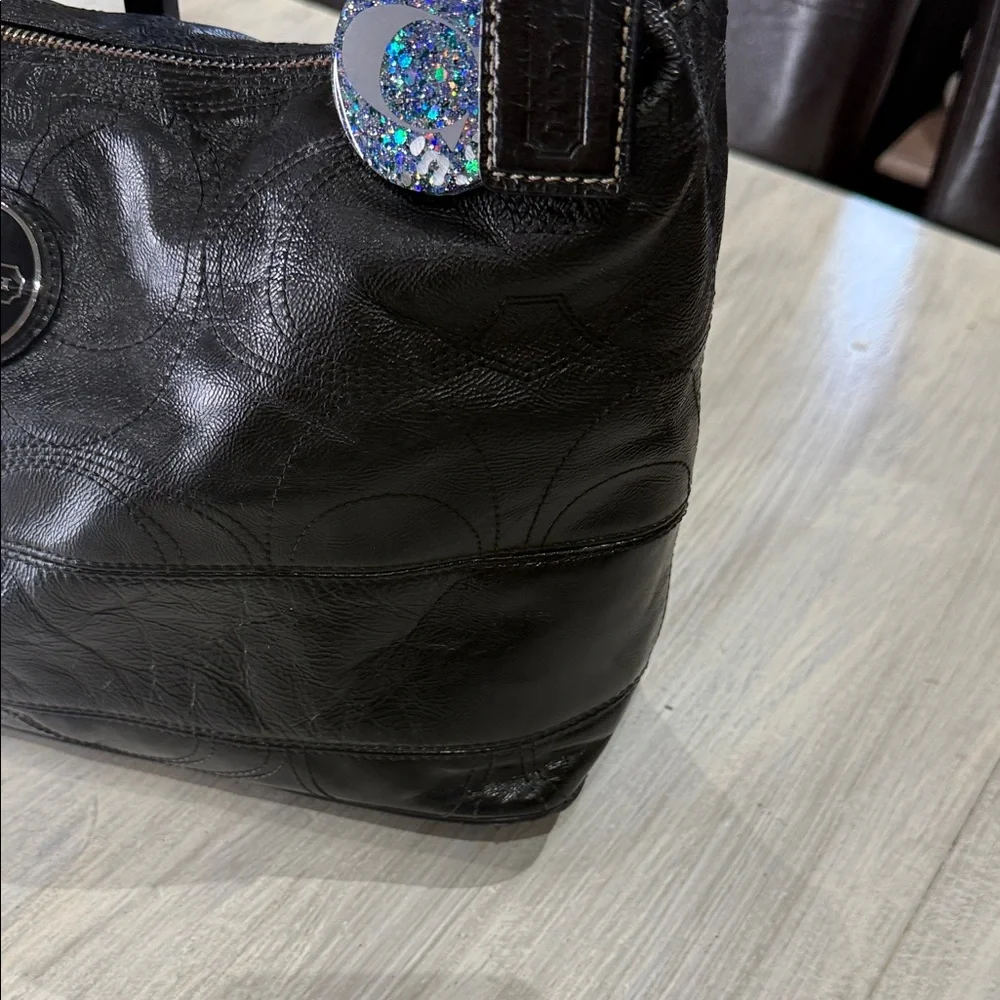 Coach Black Signature Stripe Stitched Leather Hobo Bag with Silver Accents
